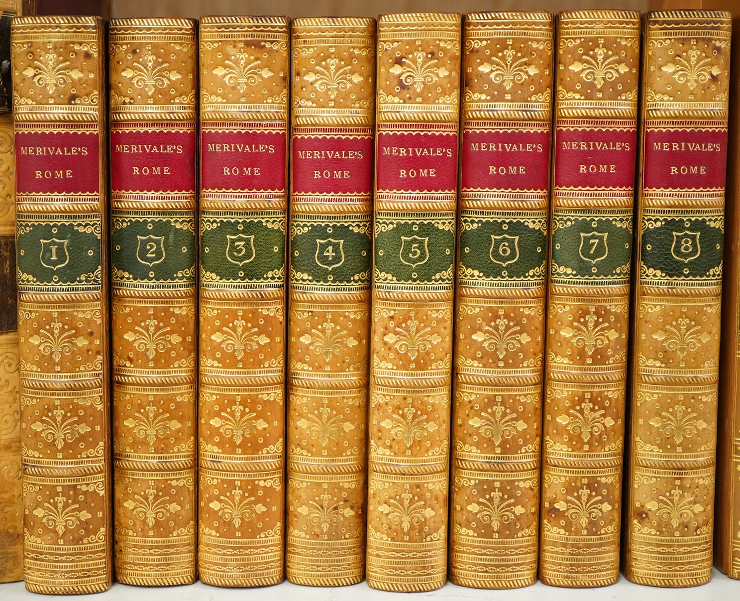 Merivale, Charles - History of the Romans under the Empire. new edition, 8 vols. 4 folded maps; earlier 20th cent. tree calf, gilt decorated and panelled spines with red and green labels, gilt tops and marbled e/ps., cr.